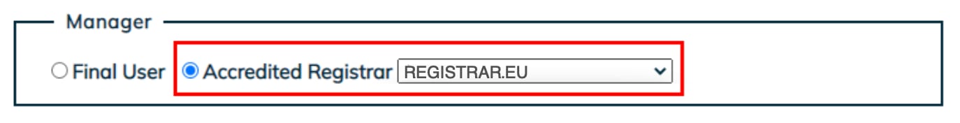 Accredited Registrar option selected with REGISTRAR.EU dropdown