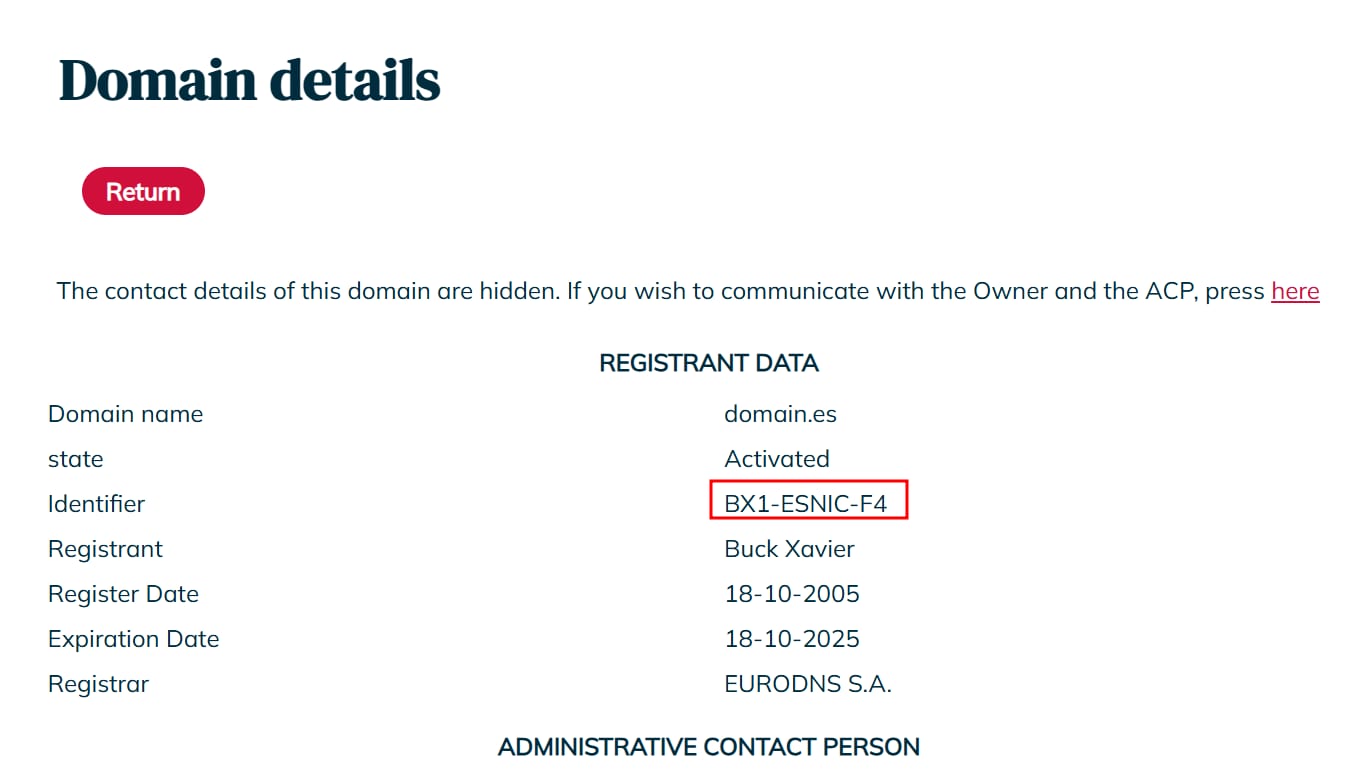 Domain details page with identifier BX1-ESNIC-F4 highlighted in registrant data