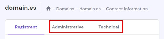 Domain contact tabs with Administrative and Technical highlighted