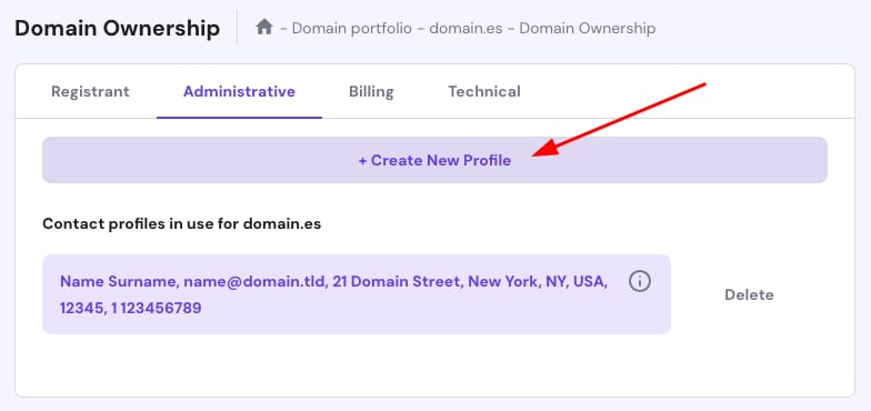 Domain Ownership page with Administrative tab and + Create New Profile button highlighted
