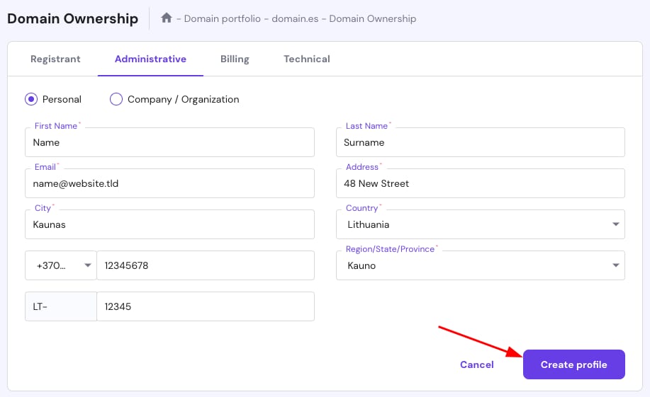 Domain Ownership form with Create profile button highlighted at bottom right