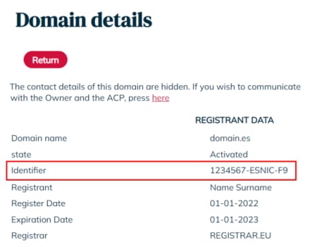 Domain details page with the identifier field highlighted for a .es domain