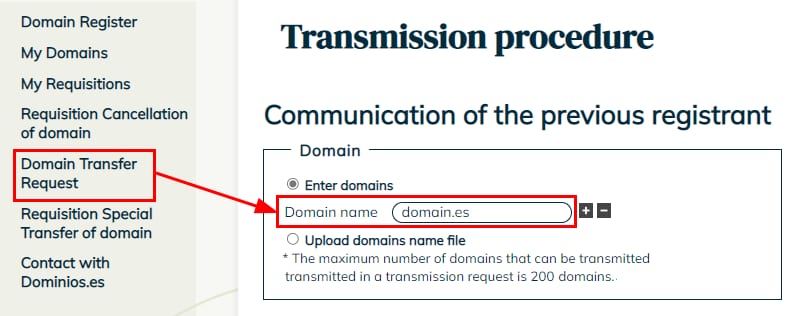 Domain transfer request menu and domain name field for domain.es highlighted