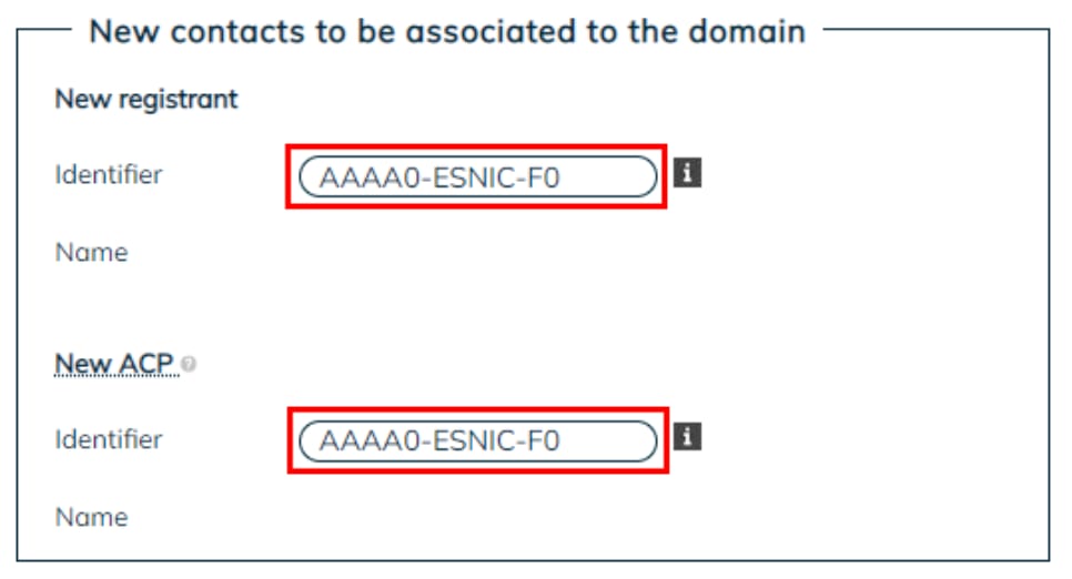 Domain contact details form with two highlighted identifier fields set to AAAA0-ESNIC-F0