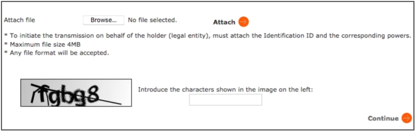 File upload form with CAPTCHA and Attach button highlighted, plus a Continue button