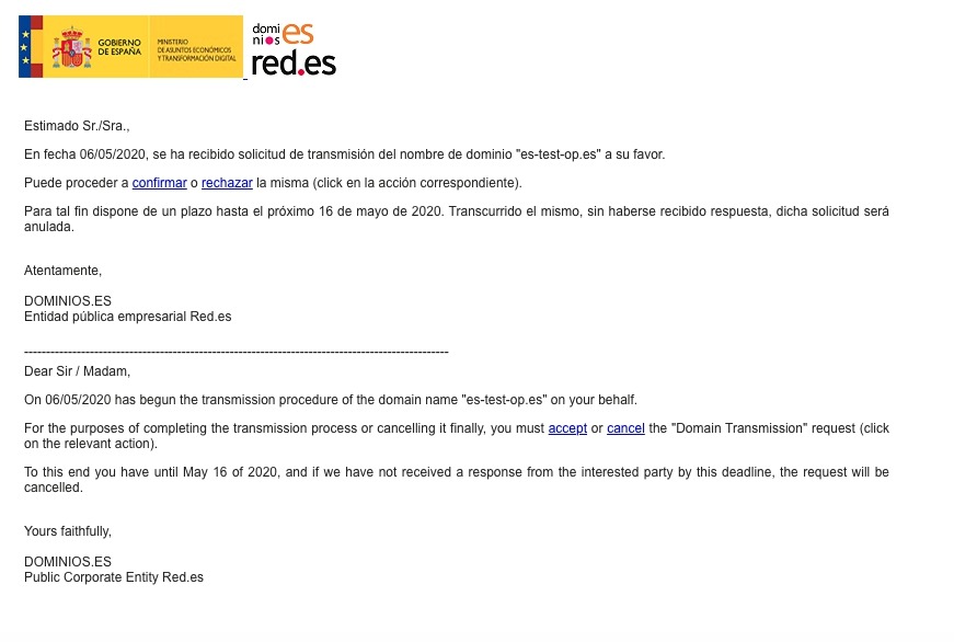 Domain transfer notice for .es domain, with accept and cancel links highlighted