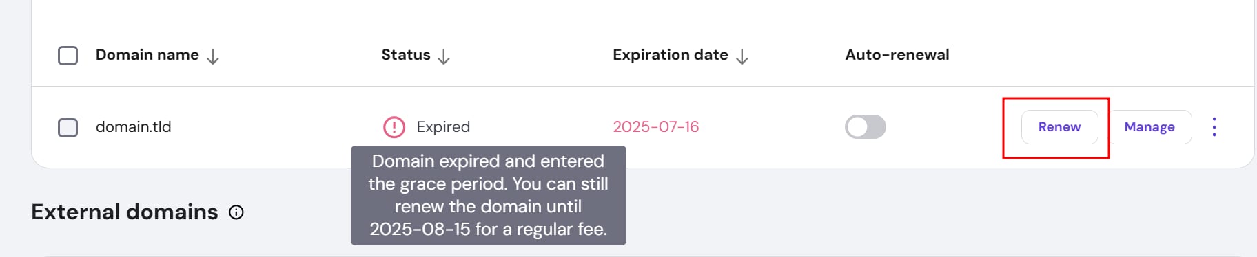Hostinger domain list with expired domain and highlighted Renew button