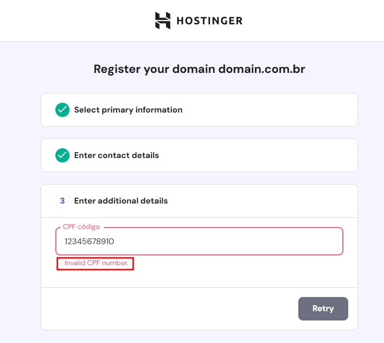 Hostinger domain registration form showing a CPF código field with an "Invalid CPF number" error message