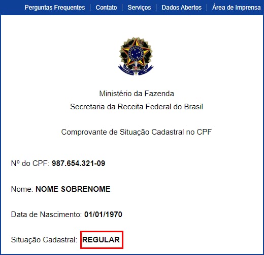 CPF certificate showing cadastral status REGULAR highlighted in red box