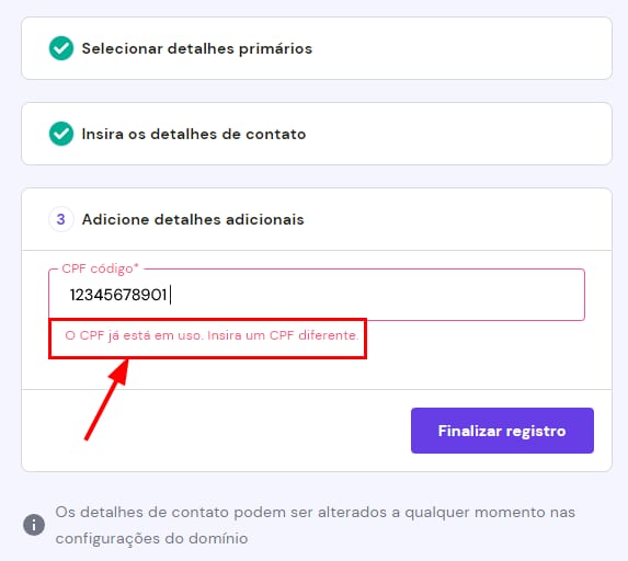 Domain registration form showing CPF field error: CPF already in use, enter a different CPF