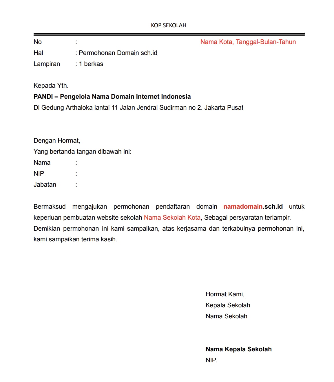 School letter template for sch.id domain application, with date placeholder highlighted in red
