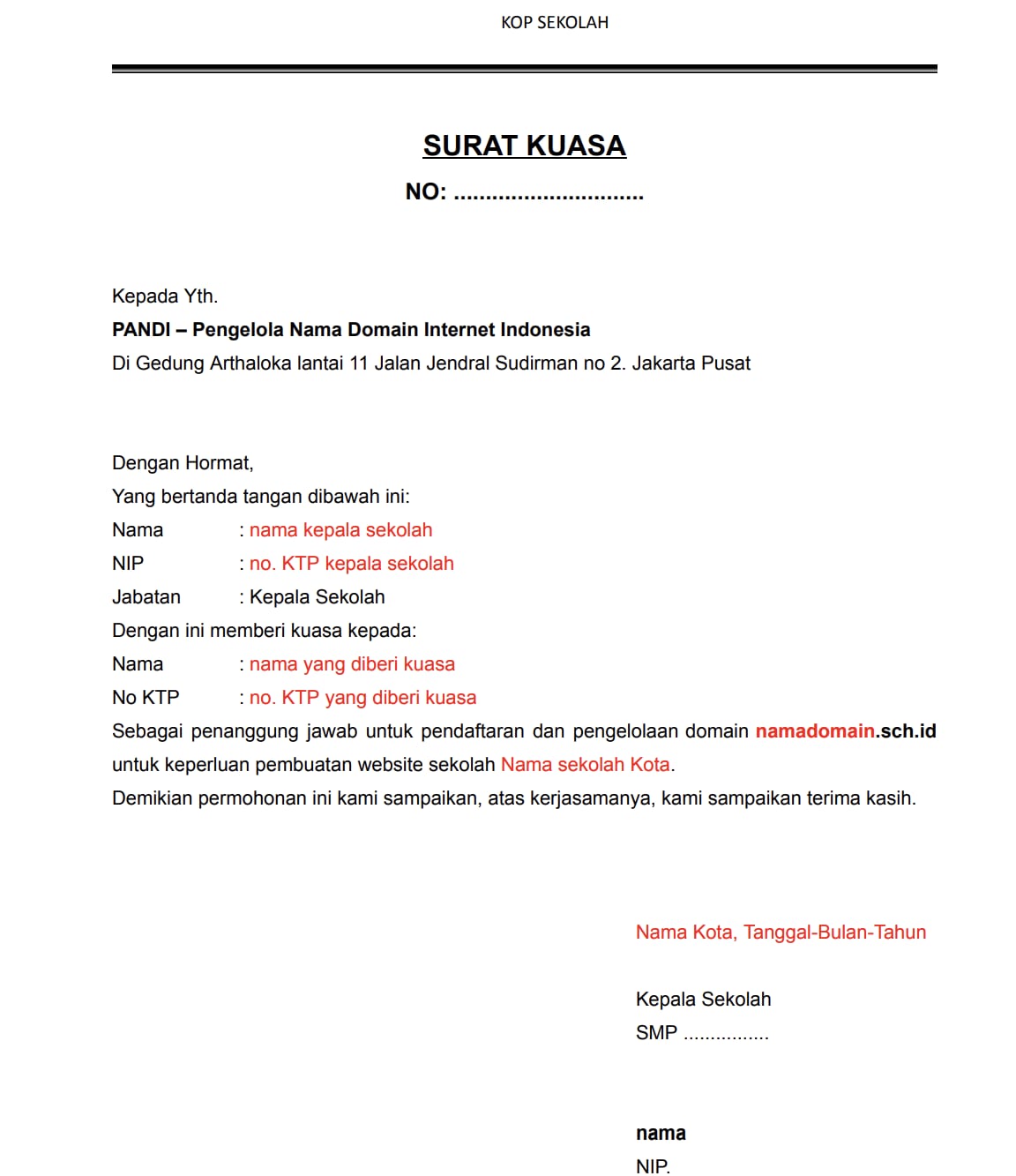 Indonesian school authorization letter for .sch.id domain registration and management