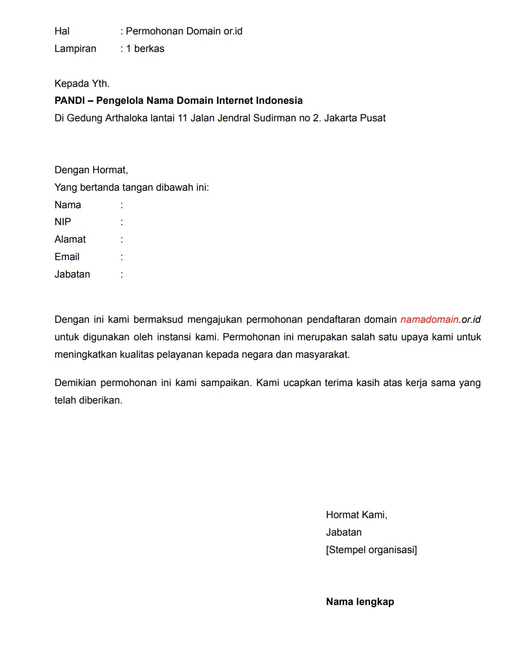 Indonesian .or.id domain registration request letter template with applicant details and signature line
