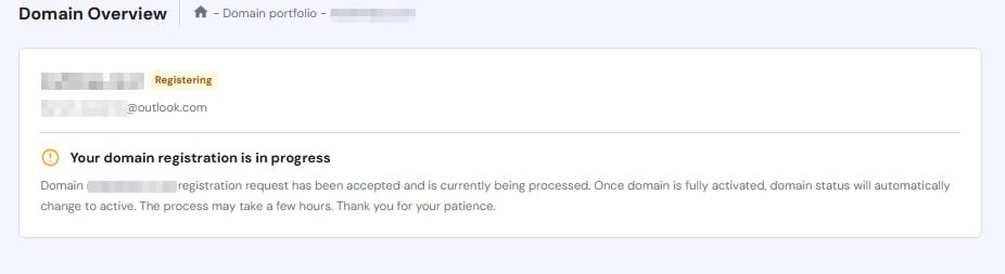 Domain overview showing domain registration in progress status