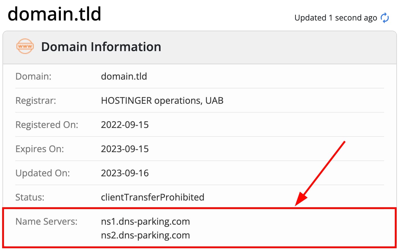 Domain information showing highlighted name servers: ns1.dns-parking.com and ns2.dns-parking.com
