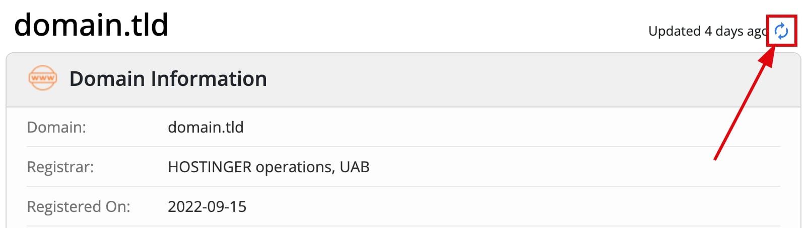 Domain Information page with the refresh icon highlighted in the top right