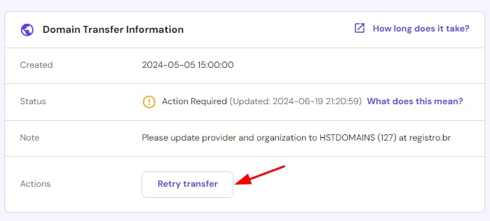 Domain transfer information with Retry transfer button highlighted