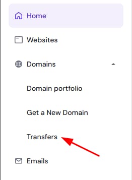 Hostinger dashboard sidebar with the Transfers option highlighted under Domains