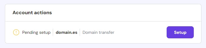 Domain transfer account action showing a pending setup status and a highlighted Setup button