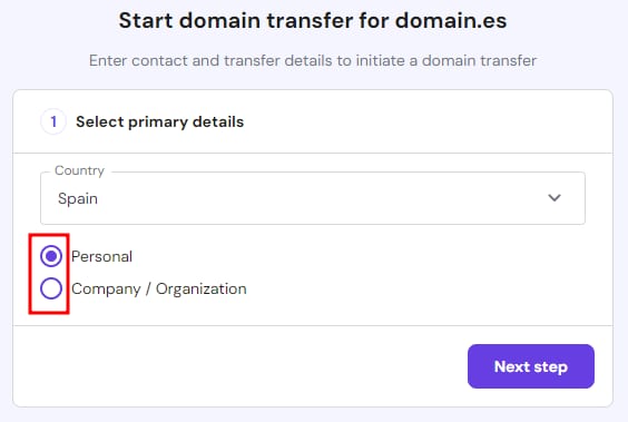Domain transfer form with Personal option selected under primary details