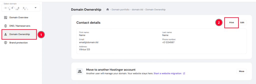 Hostinger Domain Ownership page with the Print button highlighted in Contact details