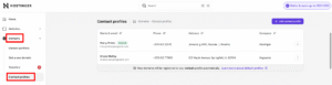 Hostinger domains contact profiles page with Contact profiles selected in the sidebar
