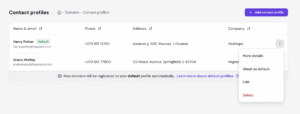 Hostinger contact profiles table with a kebab menu open showing Delete option