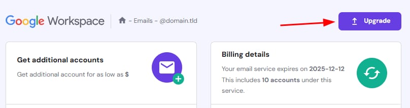 Google Workspace dashboard with the Upgrade button highlighted at top right