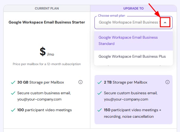 Google Workspace email plan dropdown with the expand arrow highlighted