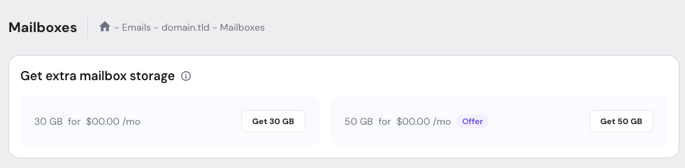 Email mailboxes page showing extra mailbox storage options: 30 GB and 50 GB plans with Get buttons