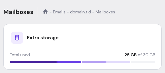 Mailbox extra storage usage showing 25 GB of 30 GB used