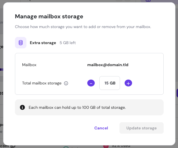 Mailbox storage management dialog with 15 GB selected for mailbox@domain.tld