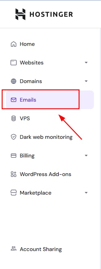 Hostinger sidebar with Emails menu item highlighted for mailbox management