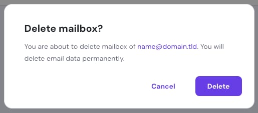 Hostinger email mailbox delete confirmation dialog with Delete button highlighted