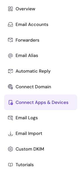 Hostinger Email sidebar with Connect Apps & Devices highlighted