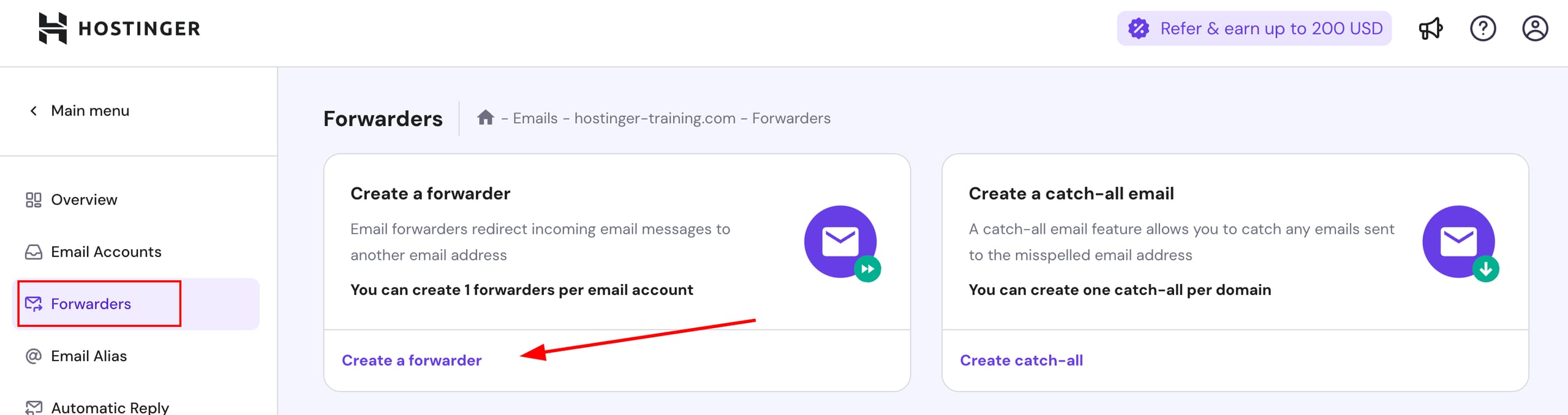 Hostinger email forwarders page with the Create a forwarder link highlighted