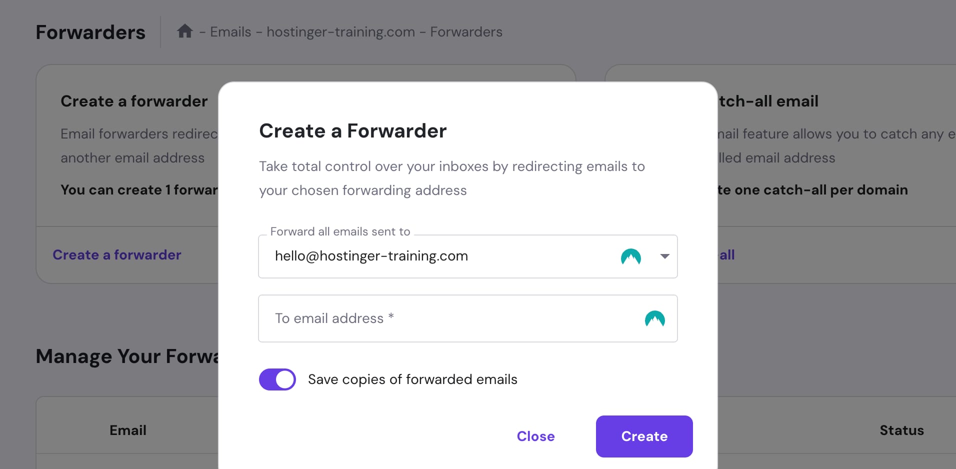 Hostinger Email forwarder setup modal with email fields, copies toggle, and Create button