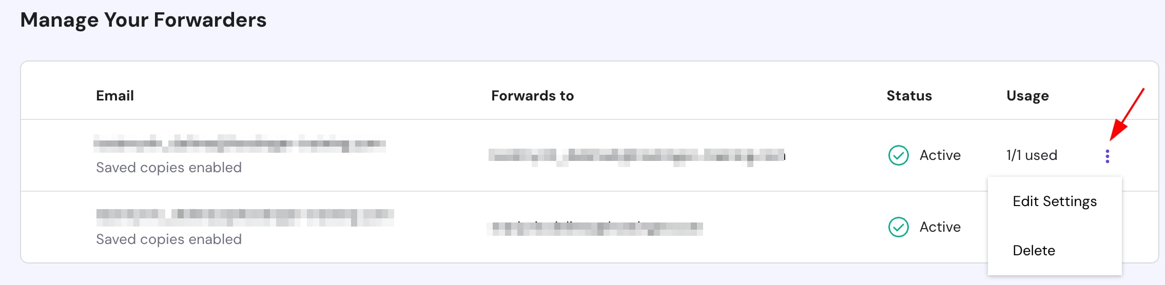 Hostinger email forwarders list with kebab menu open next to an active forwarder