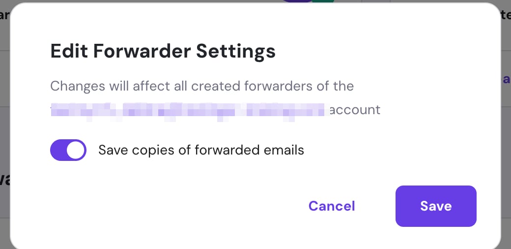 Hostinger email forwarder settings dialog with Save copies of forwarded emails toggle on