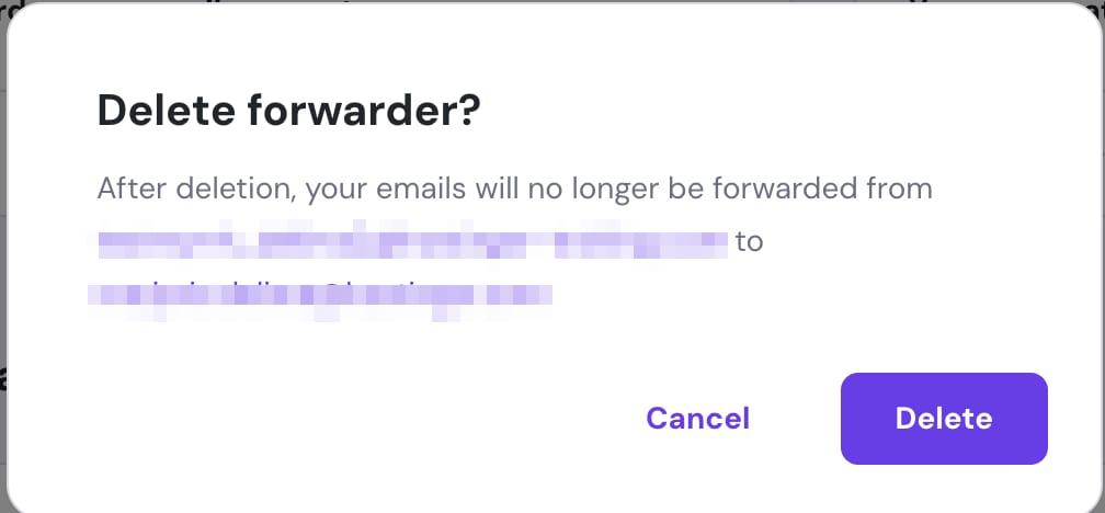 Delete forwarder confirmation dialog with Cancel and Delete buttons