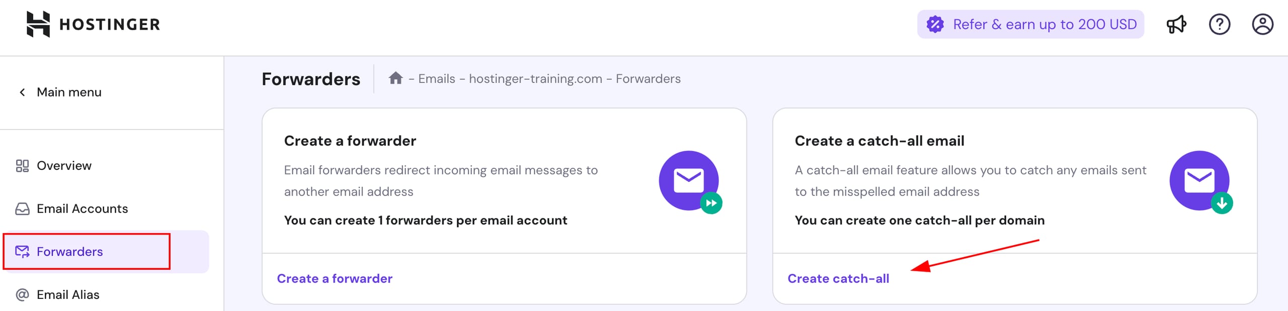 Hostinger Emails Forwarders page with the Forwarders menu and Create catch-all highlighted