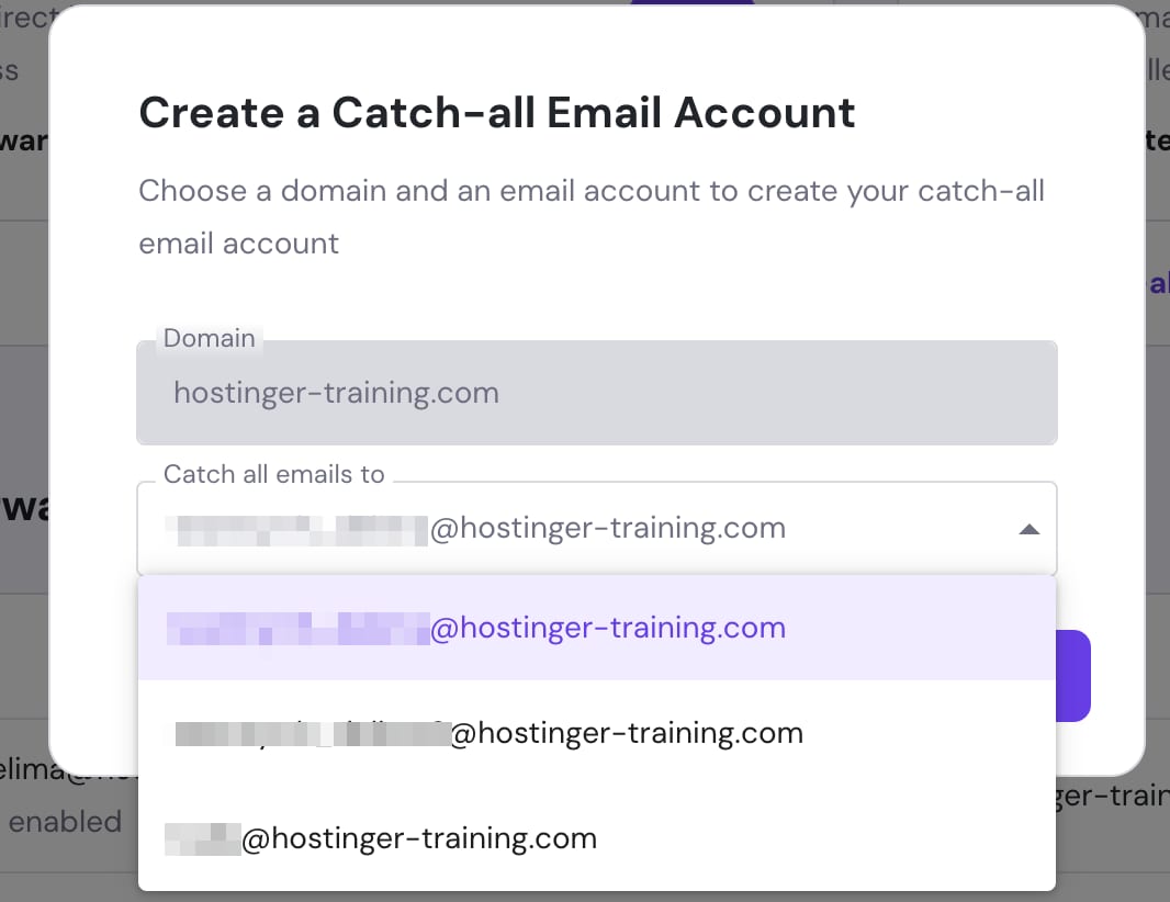 Hostinger hPanel catch-all email account popup with a recipient dropdown open on hostinger-training.com