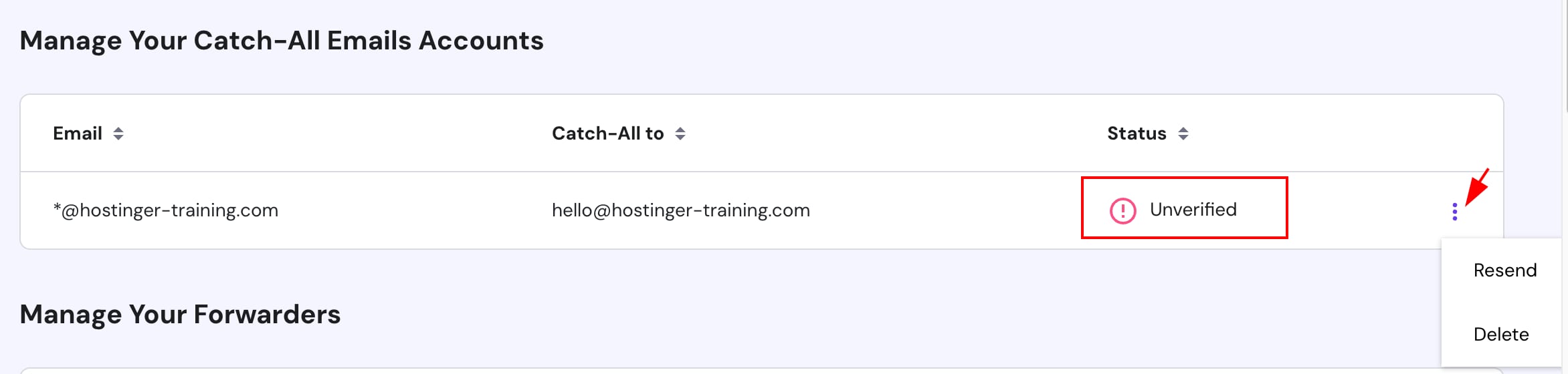 Hostinger email catch-all account marked Unverified with overflow menu open showing Resend and Delete