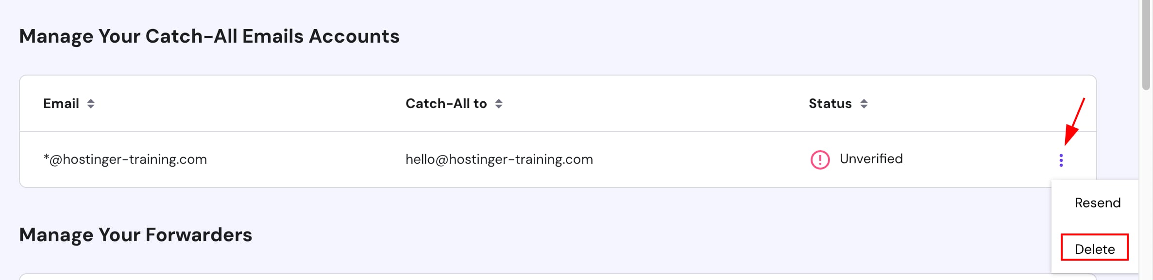 Hostinger email catch-all list with Delete option highlighted in the action menu