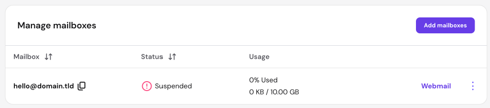 Hostinger mailbox management showing hello@domain.tld suspended with 0% usage