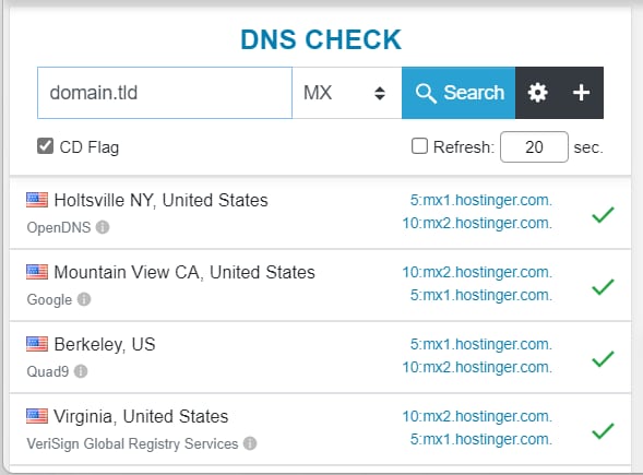 DNS check showing MX records for hostinger.com across multiple locations with green checks