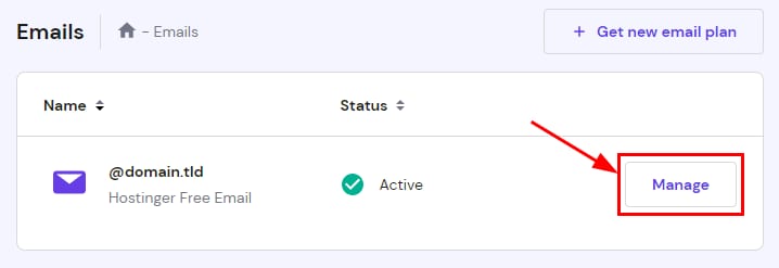 Hostinger Email dashboard with the Manage button highlighted for an email account