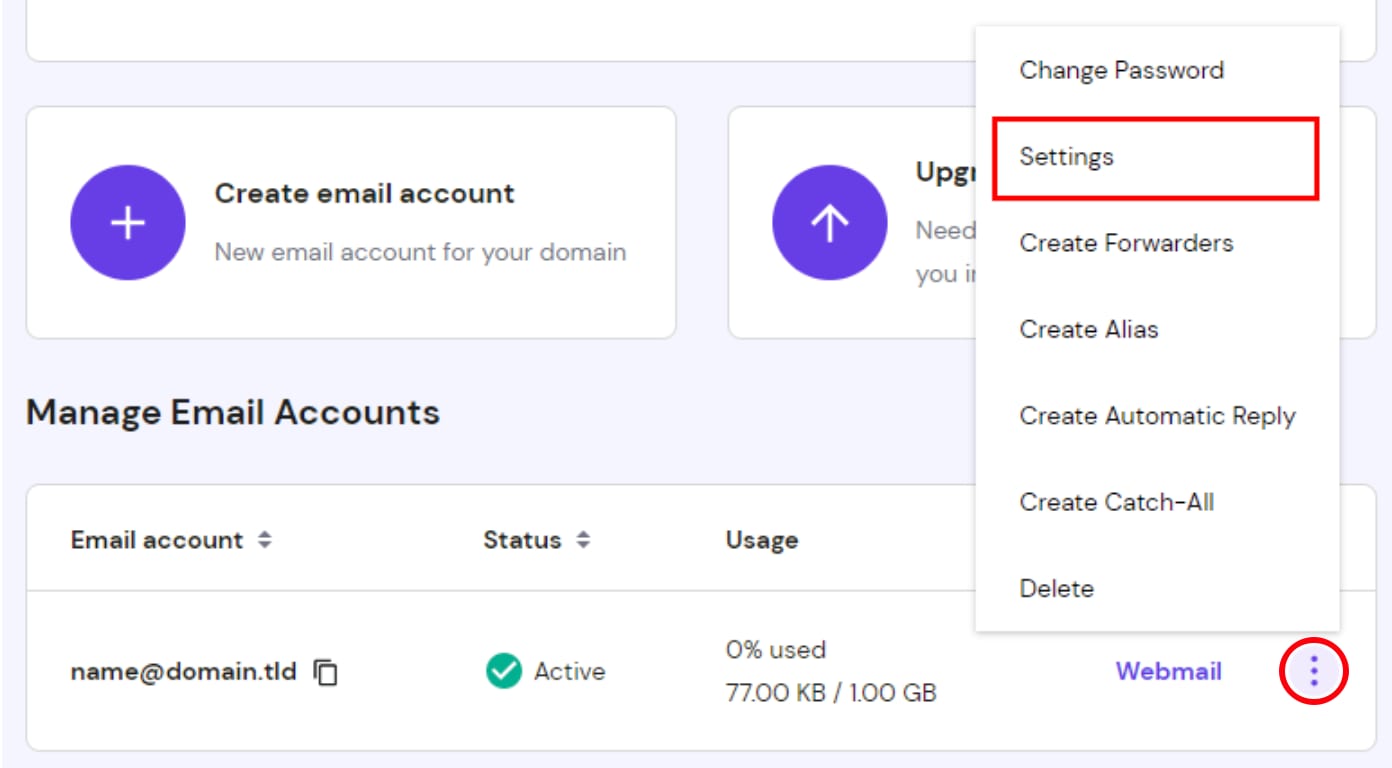 Hostinger Email account menu with Settings highlighted for an email account