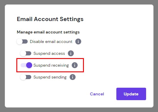 Hostinger email settings with the Suspend receiving toggle highlighted