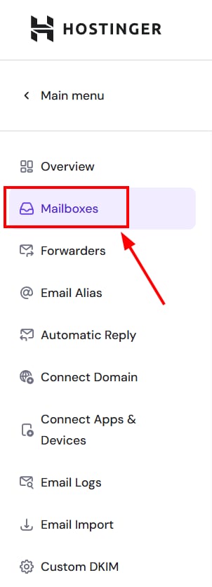 Hostinger email menu with Mailboxes highlighted